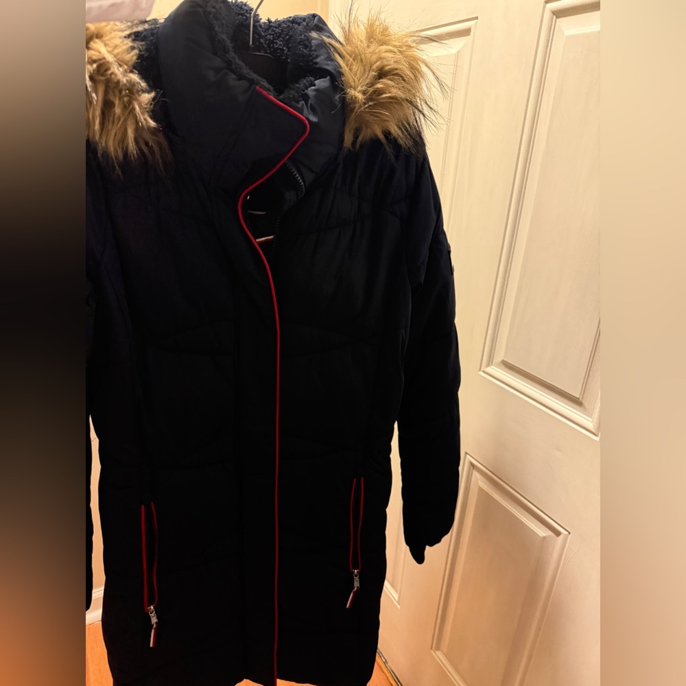 Tommy Hilfiger Black Puffer Coat with Faux Fur Hood
